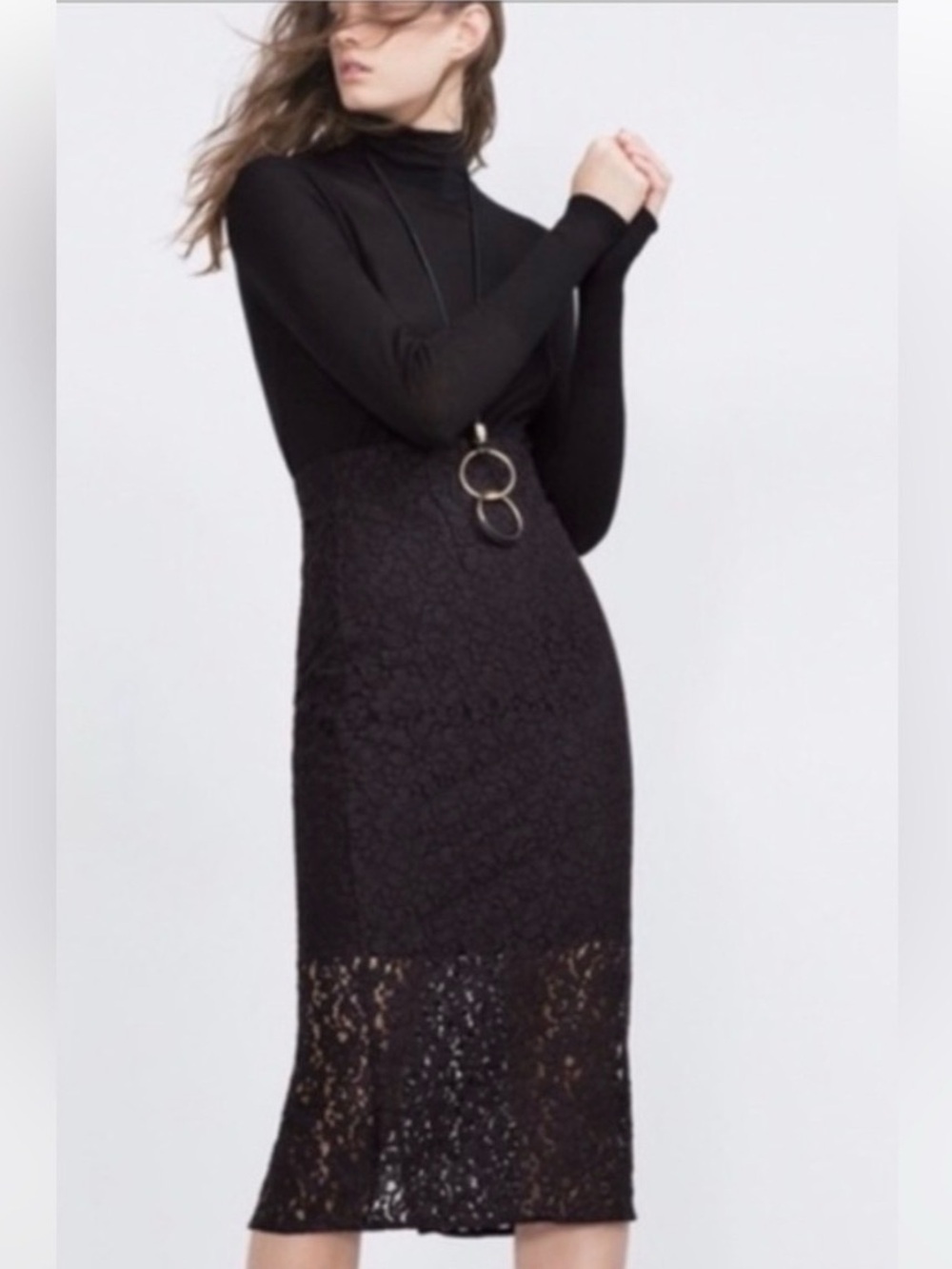 Zara Black Lace Pencil Skirt Women Size M Midi Stretch High Waist Officecore